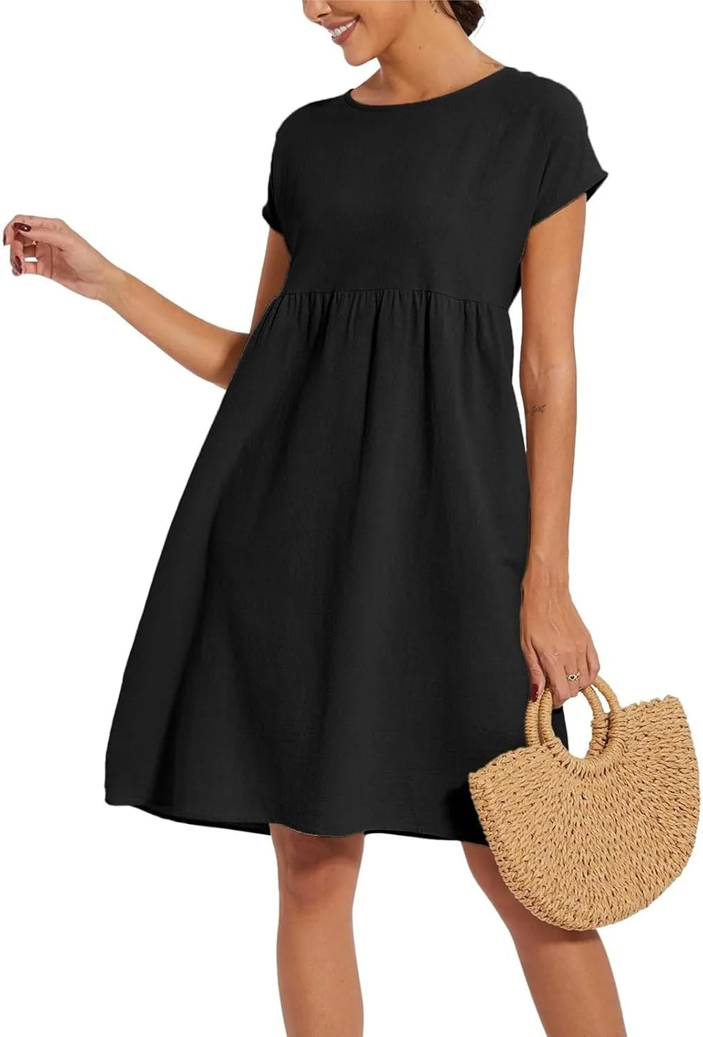 Dresses for Women Summer Short Sleeves Crew Neck Cotton Linen Solid Casual Vacation Beach Flowy Sundress with Pockets