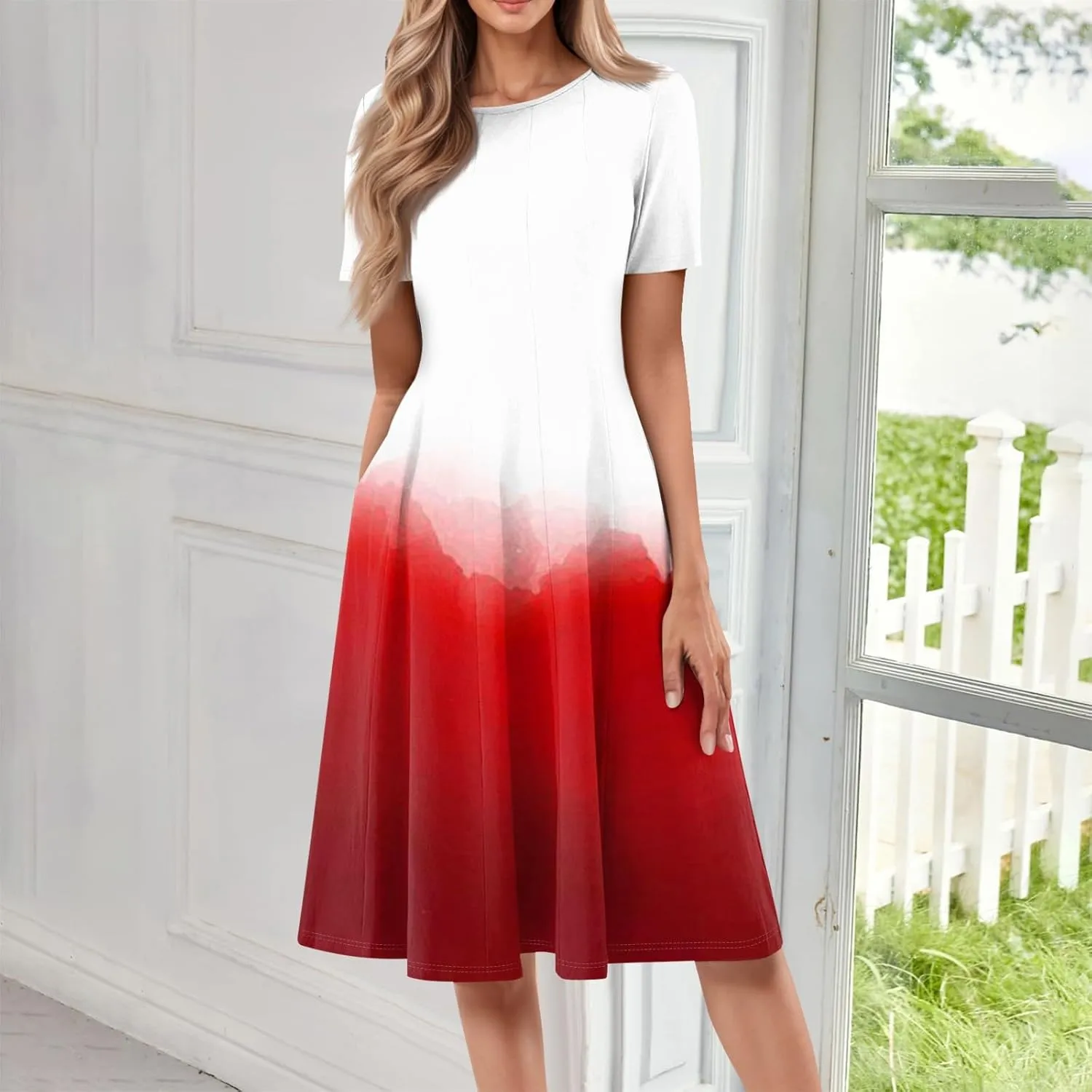 Easter Dress for Women Short Sleeve Casual Flowy Trendy Vacation Midi Dress Crewneck Beach Long Sundresses Summer