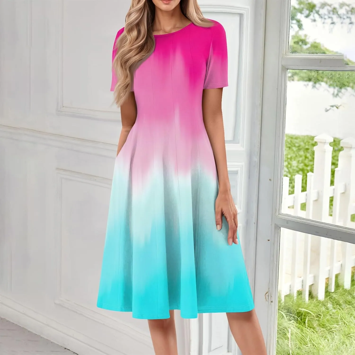 Easter Dress for Women Short Sleeve Casual Flowy Trendy Vacation Midi Dress Crewneck Beach Long Sundresses Summer