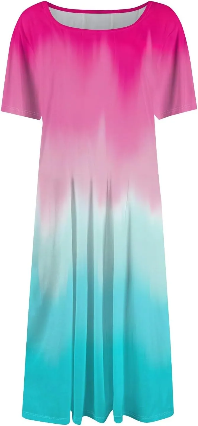 Easter Dress for Women Short Sleeve Casual Flowy Trendy Vacation Midi Dress Crewneck Beach Long Sundresses Summer