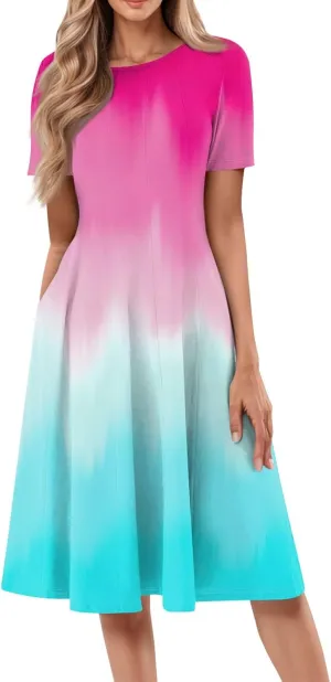 Easter Dress for Women Short Sleeve Casual Flowy Trendy Vacation Midi Dress Crewneck Beach Long Sundresses Summer