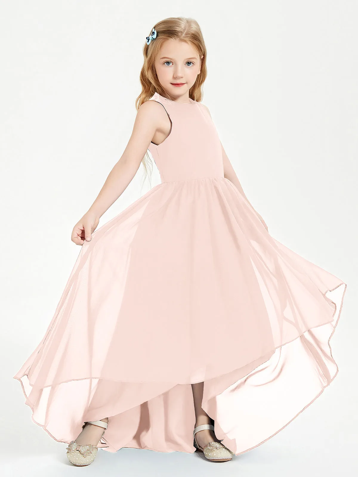 Exquisite Asymmetrical Junior Bridesmaid Dresses Scoop Neck Pearl Pink
