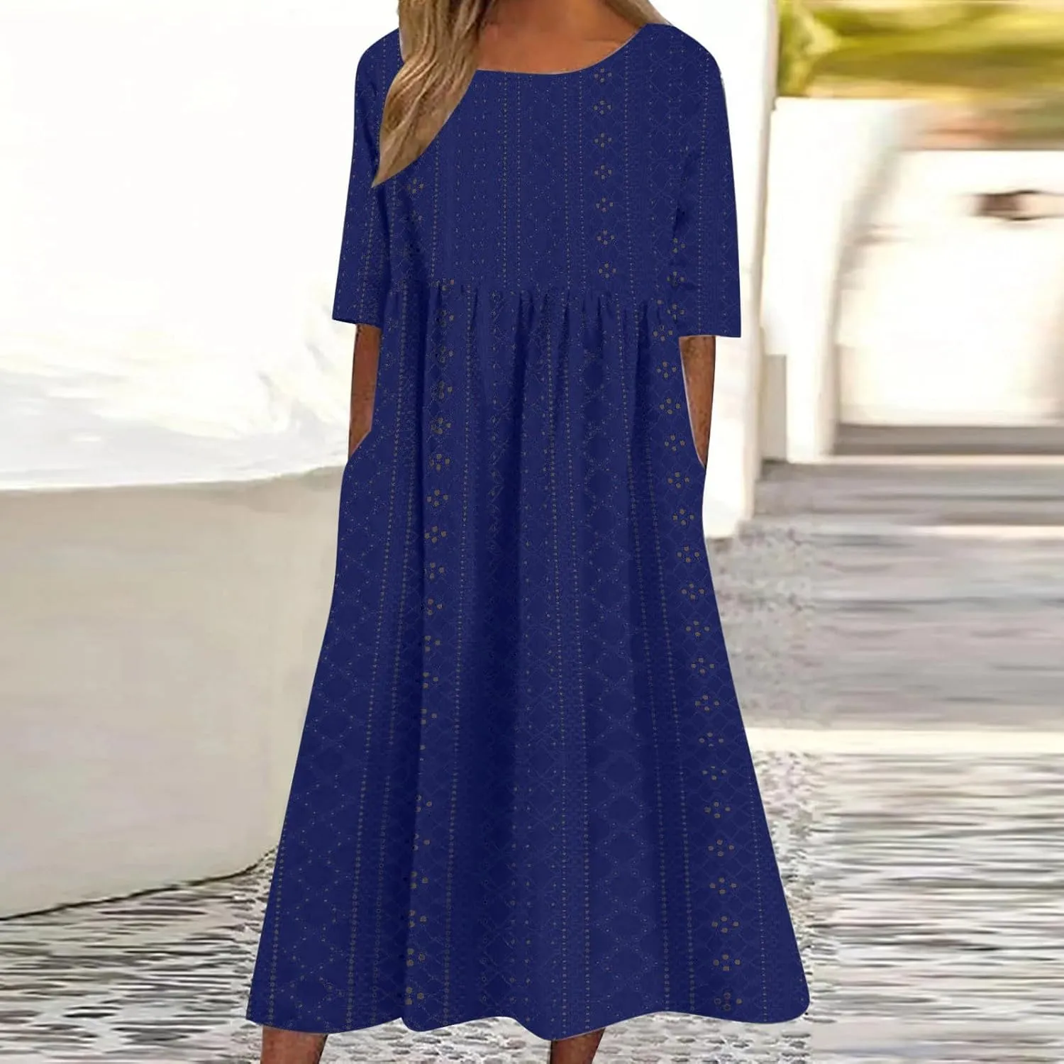 Eyelet Dresses Women 2025 Fashion Round Neck Short Sleeve Solid Color Midi Dress Vacation Summer Dress with Pockets