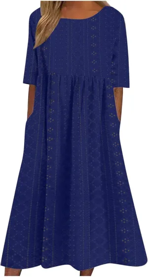 Eyelet Dresses Women 2025 Fashion Round Neck Short Sleeve Solid Color Midi Dress Vacation Summer Dress with Pockets