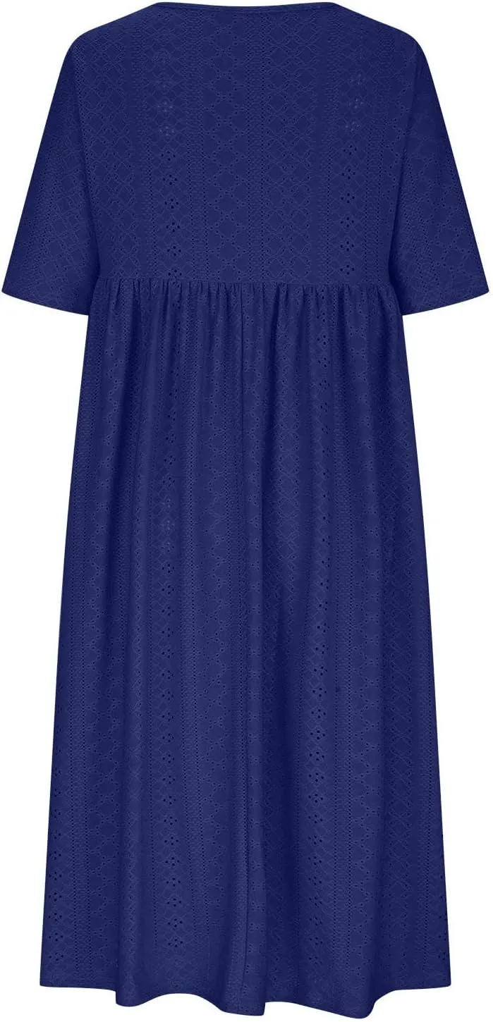 Eyelet Dresses Women 2025 Fashion Round Neck Short Sleeve Solid Color Midi Dress Vacation Summer Dress with Pockets