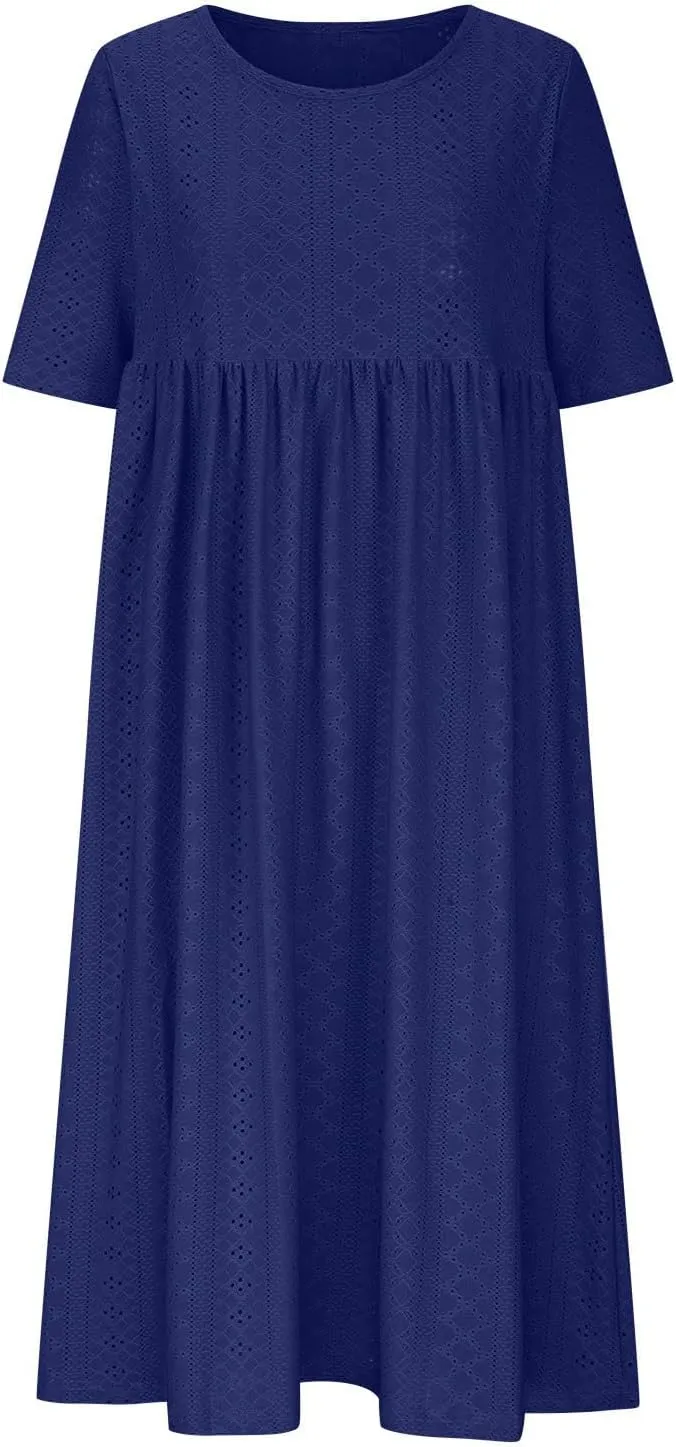 Eyelet Dresses Women 2025 Fashion Round Neck Short Sleeve Solid Color Midi Dress Vacation Summer Dress with Pockets