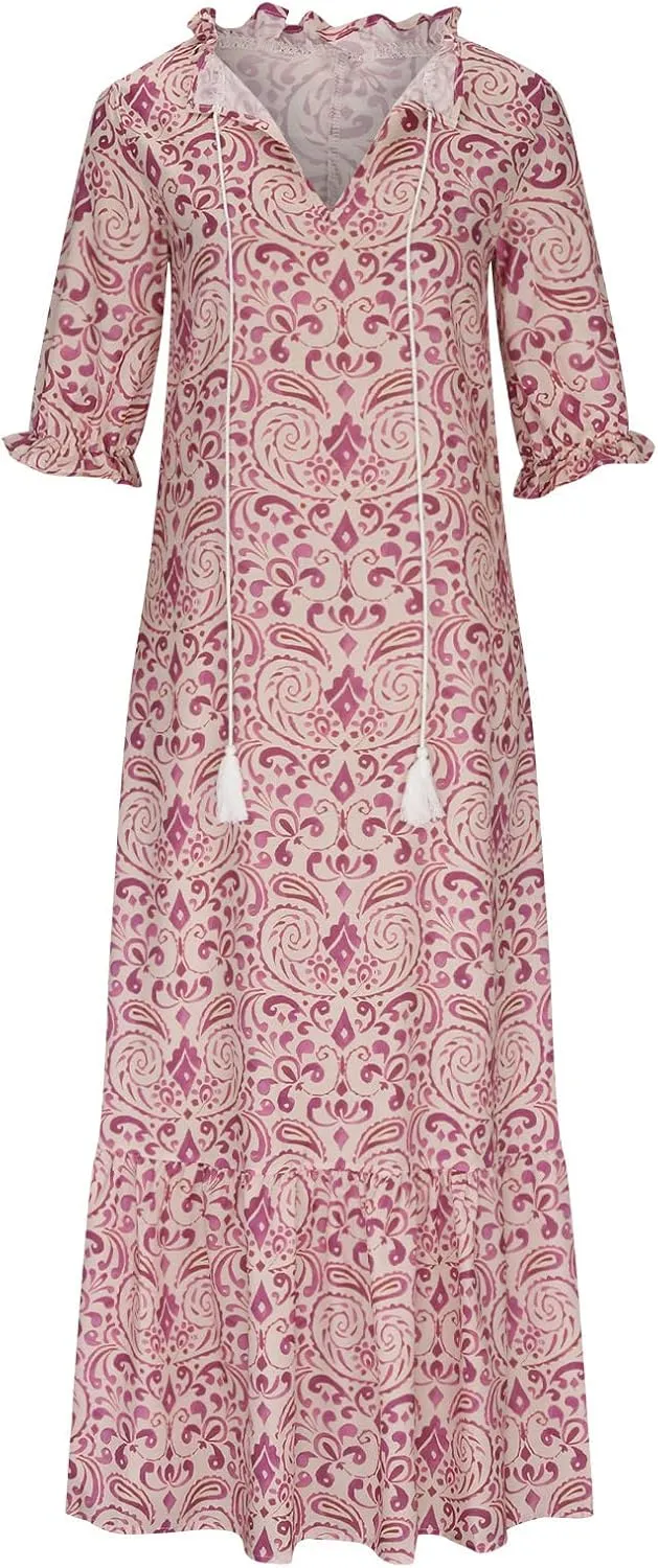 fartey Womens Summer Maxi Dresses V Neck 3/4 Sleeve Floral Print Boho Dresses Casual Loose Flowy Ruffle Wedding Guest Dress