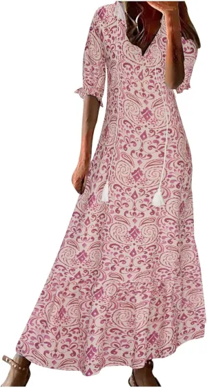 fartey Womens Summer Maxi Dresses V Neck 3/4 Sleeve Floral Print Boho Dresses Casual Loose Flowy Ruffle Wedding Guest Dress