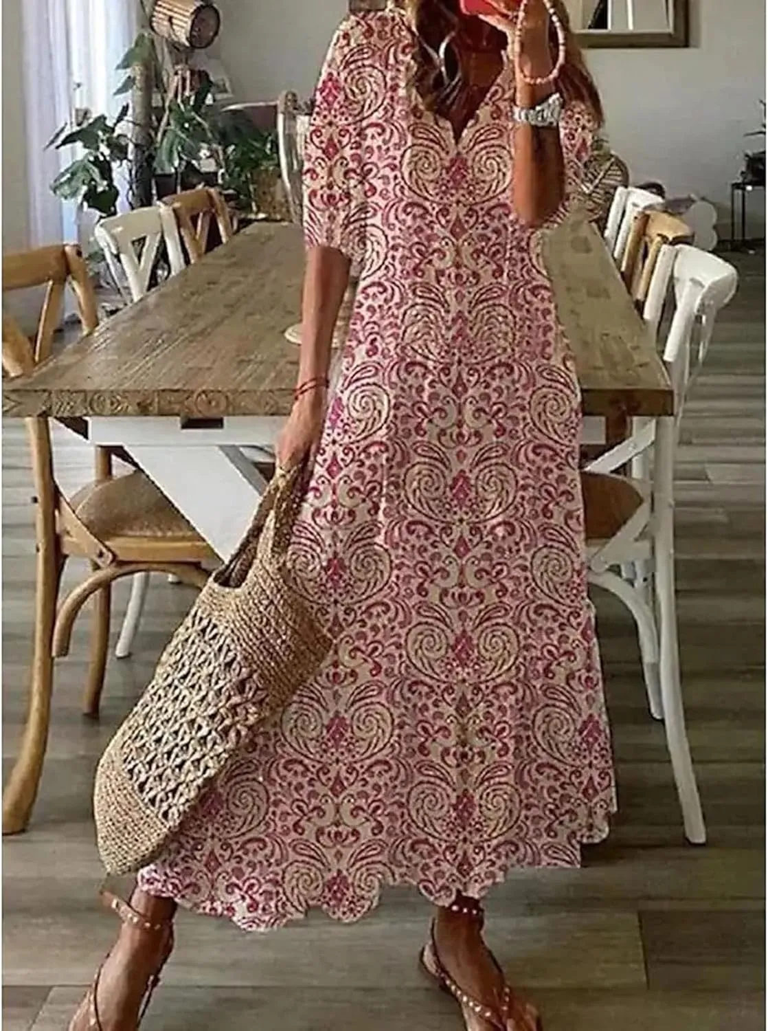 fartey Womens Summer Maxi Dresses V Neck 3/4 Sleeve Floral Print Boho Dresses Casual Loose Flowy Ruffle Wedding Guest Dress