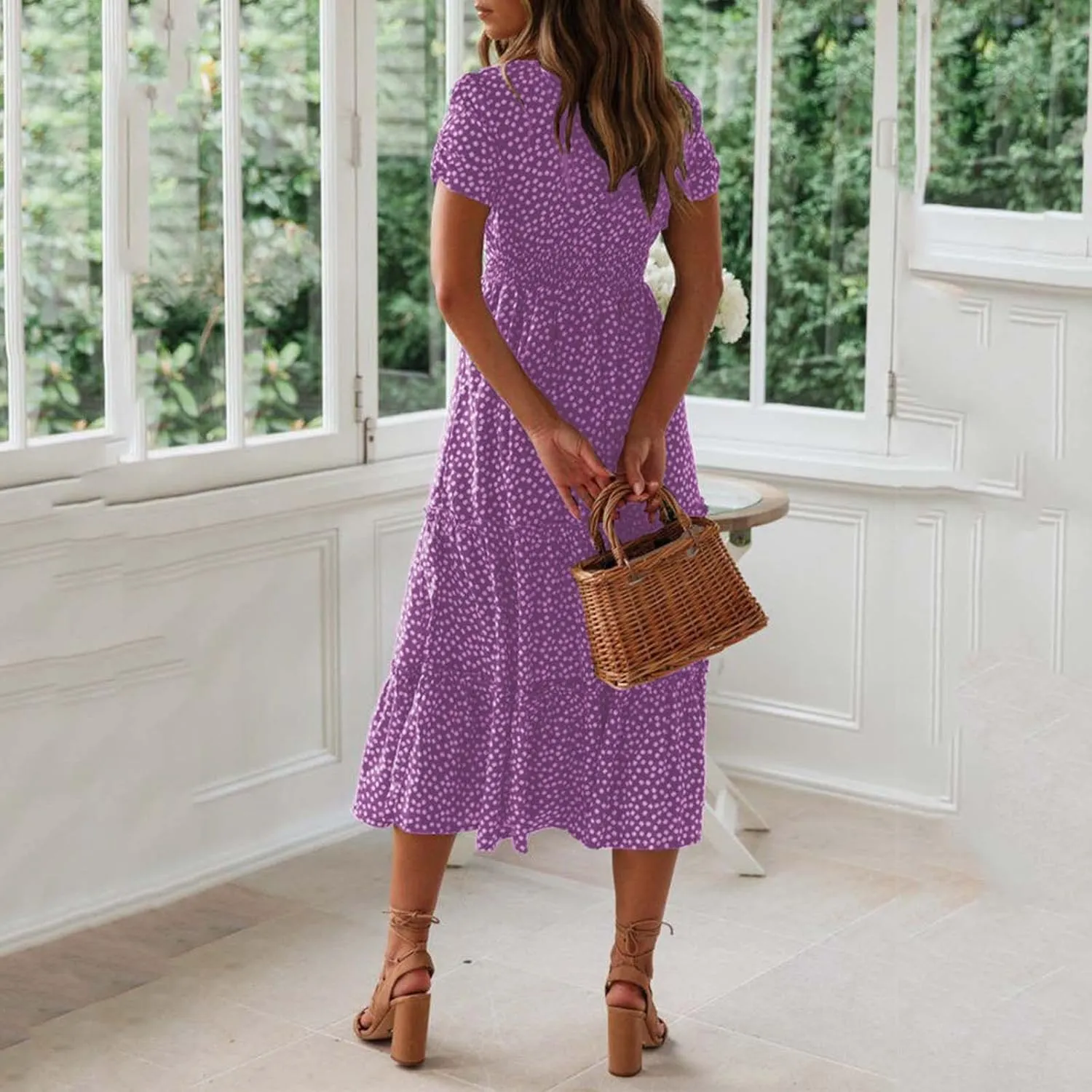 Floral Dress for Women Sundress Casual Square Neck Dresses Boho Beach Vacation Dress High Waisted Summer Midi Dress