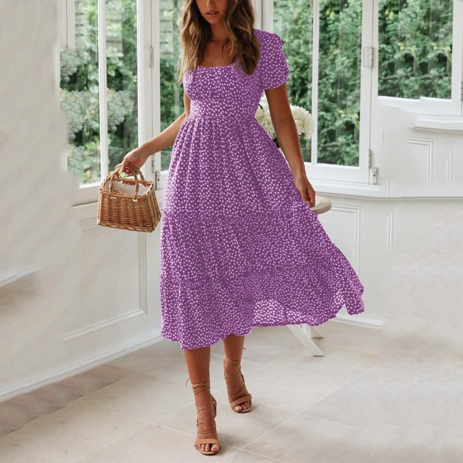 Floral Dress for Women Sundress Casual Square Neck Dresses Boho Beach Vacation Dress High Waisted Summer Midi Dress