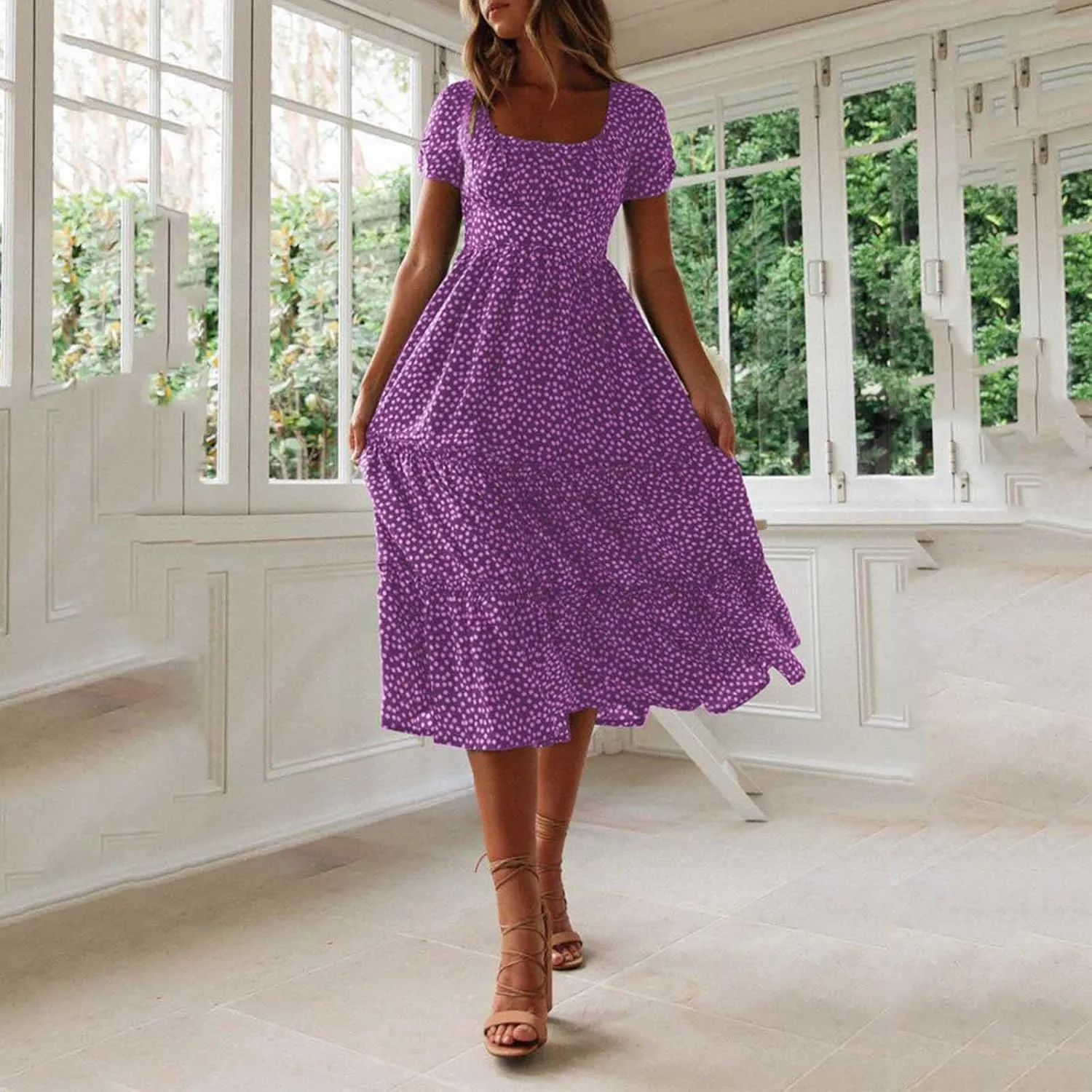 Floral Dress for Women Sundress Casual Square Neck Dresses Boho Beach Vacation Dress High Waisted Summer Midi Dress