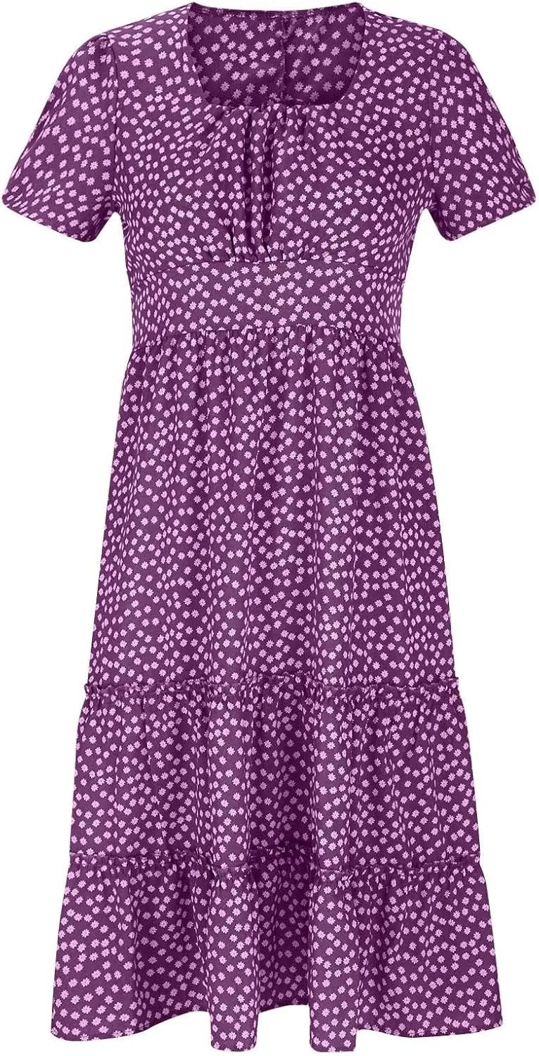 Floral Dress for Women Sundress Casual Square Neck Dresses Boho Beach Vacation Dress High Waisted Summer Midi Dress