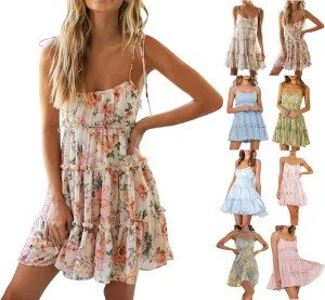 Floral Sundress for Women Cute Spaghetti Strap A Line Chiffon Mini Dress Boho Summer Casual Tiered Sundresses