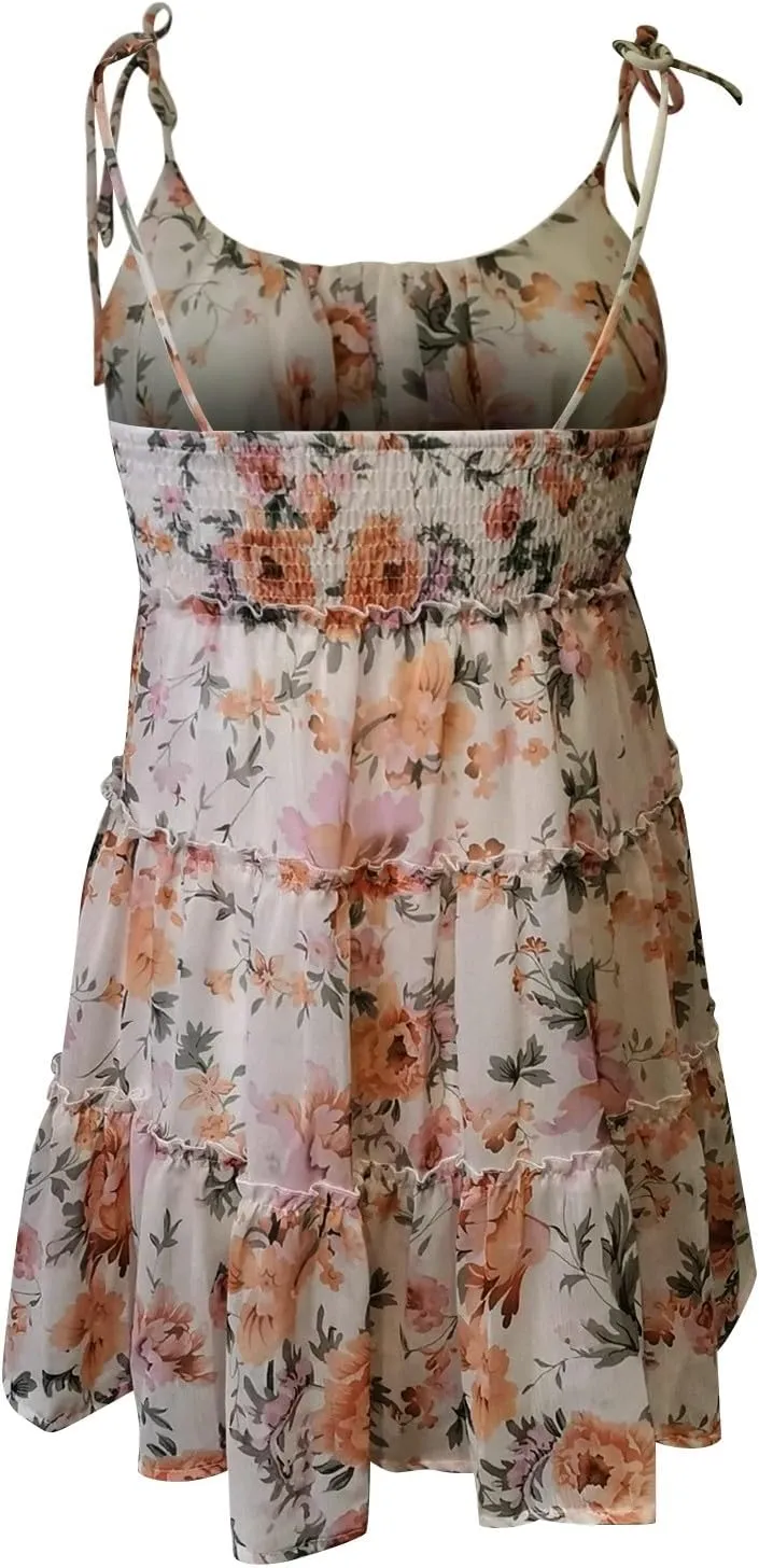 Floral Sundress for Women Cute Spaghetti Strap A Line Chiffon Mini Dress Boho Summer Casual Tiered Sundresses