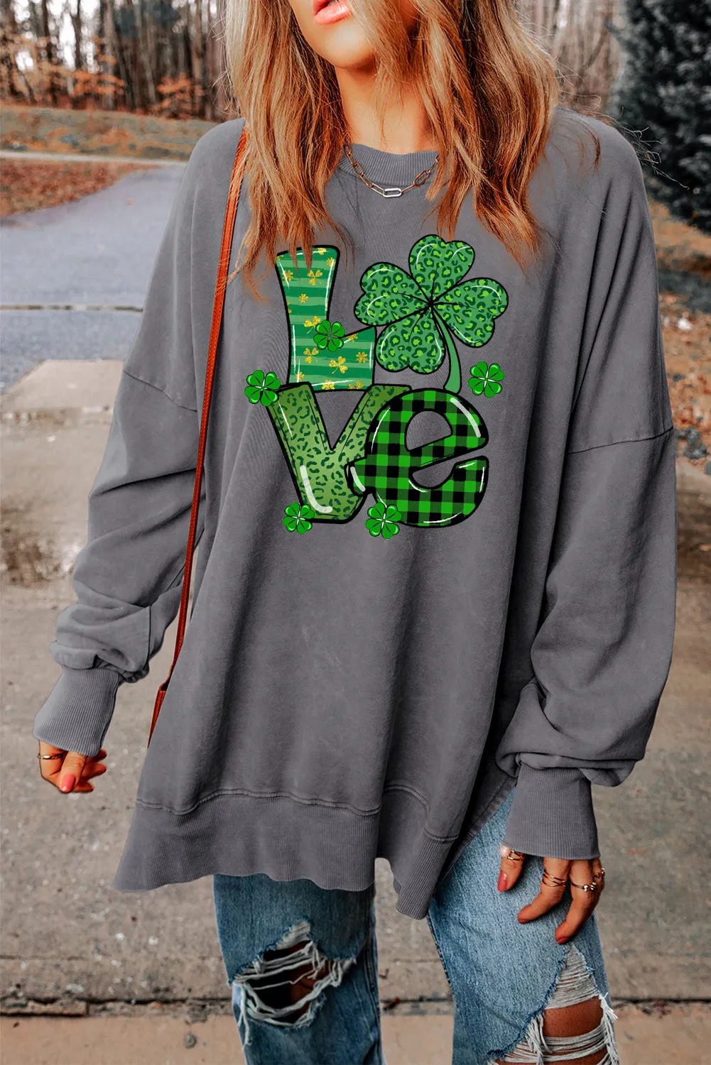 Four-Leaf Clover Oversized Ribbed Sweatshirt for St. Patrick's Day