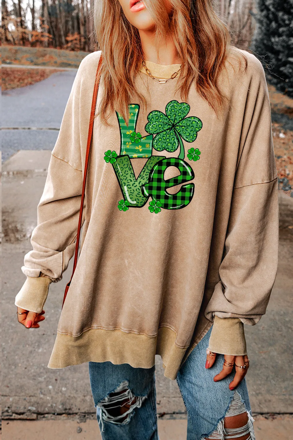 Four-Leaf Clover Oversized Ribbed Sweatshirt for St. Patrick's Day