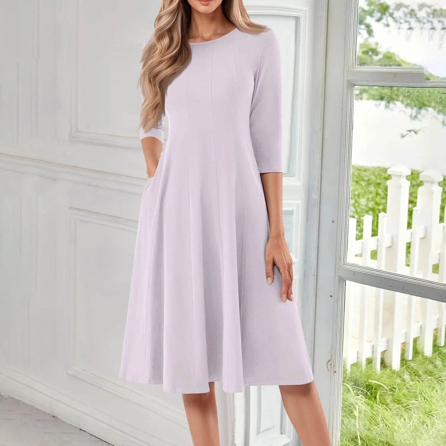 FQZWONG Spring Dresses for Women 2025 3/4 Sleeve Summer Sundresses Trendy Crew Neck Vacation Beach Midi Dress with Pockets