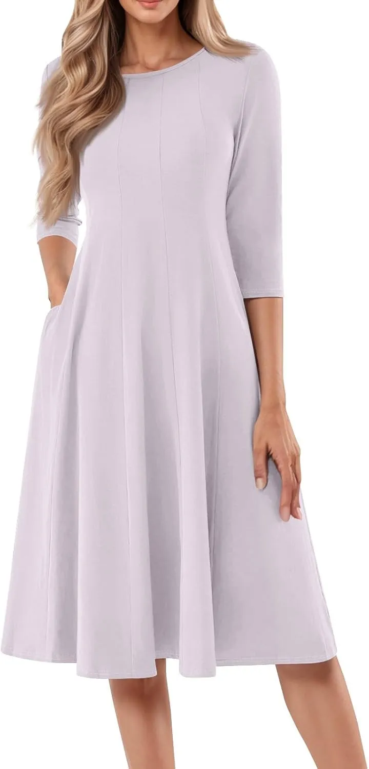 FQZWONG Spring Dresses for Women 2025 3/4 Sleeve Summer Sundresses Trendy Crew Neck Vacation Beach Midi Dress with Pockets