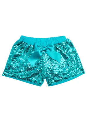 Girls Turquoise Sequin Satin Bow Elastic Waist Shorts 24 Months-6