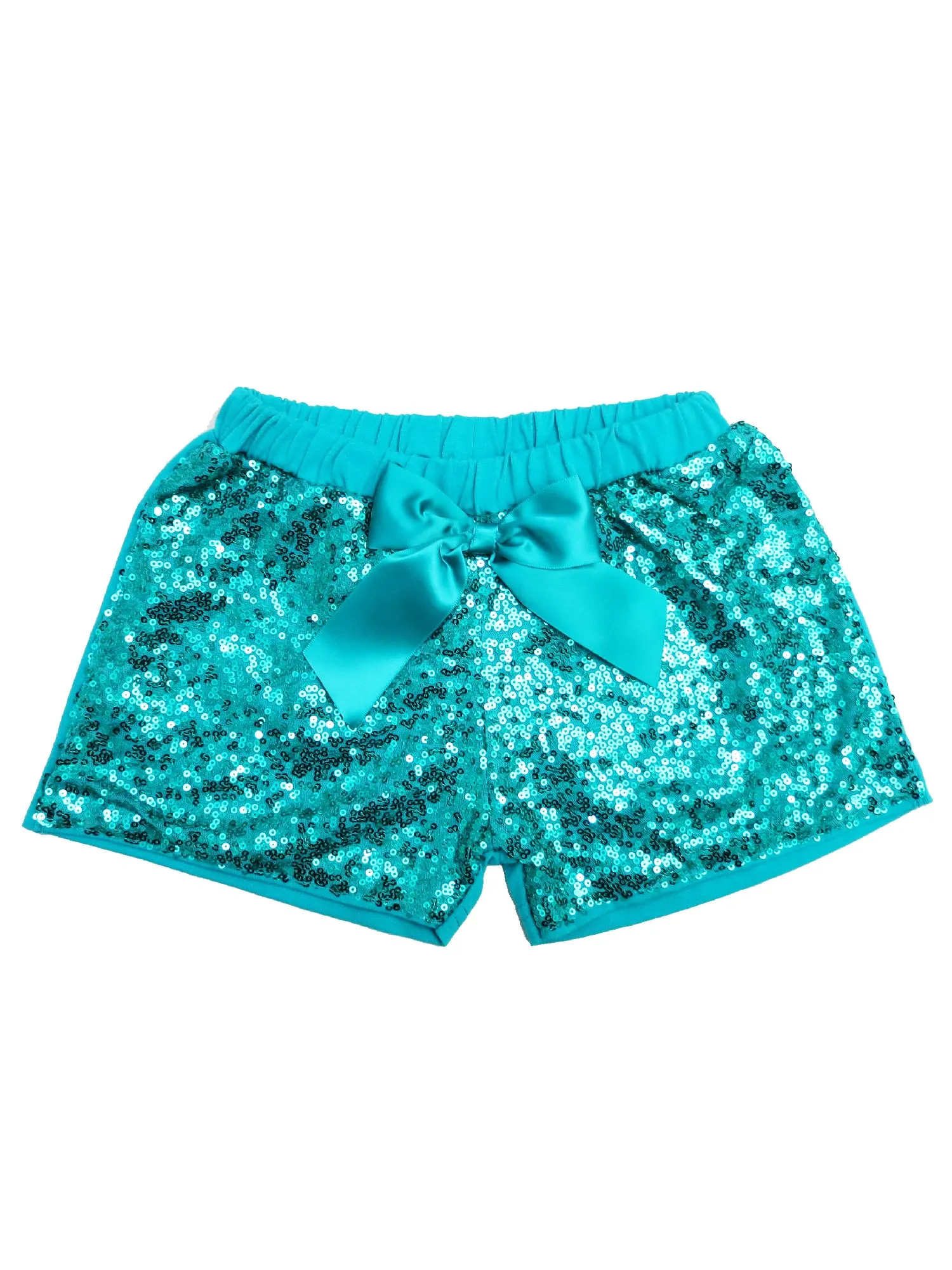 Girls Turquoise Sequin Satin Bow Elastic Waist Shorts 24 Months-6