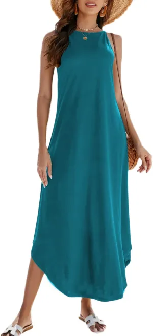 Halife Women's Summer Casual Sleeveless Beach Dress Long Halter Side Slit Maxi Sun Dresses