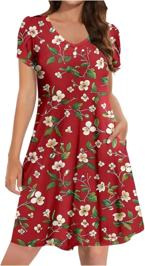 Hawaiian Dresses for Women Trendy V Neck Short Sleeve Dress Vintage Floral Printed Midi Dress with Pockets