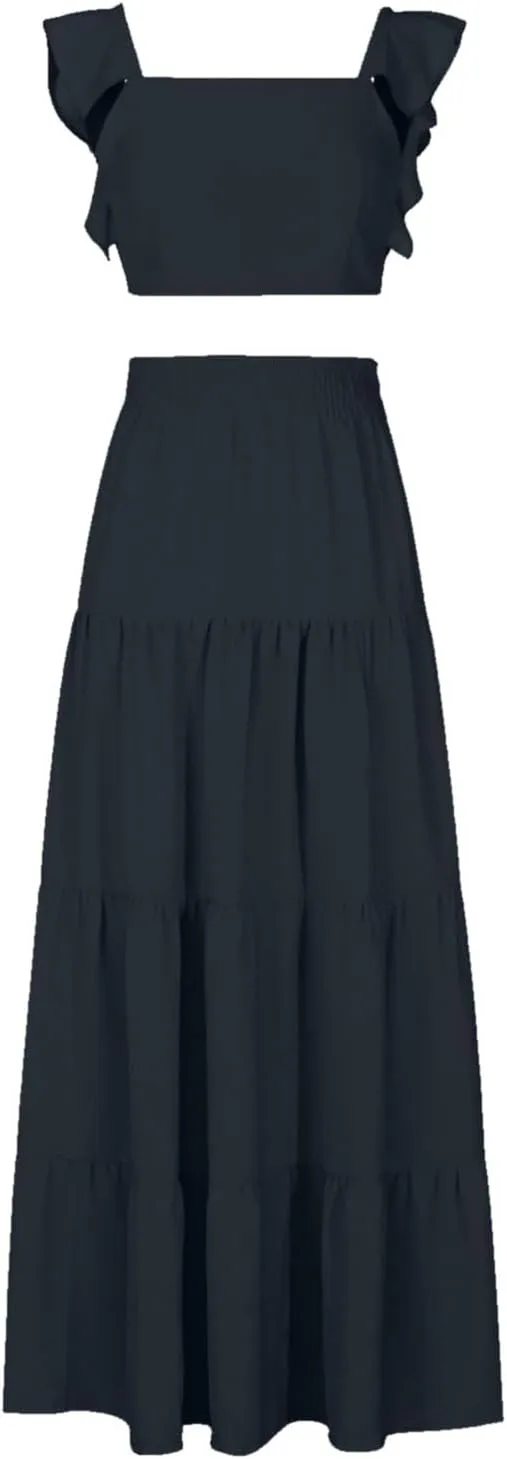 HGps8w Women's 2 Piece Outfits Ruffle Square Neck Crop Tank Top Matching Tiered Swing Maxi Skirt Vacation Dress Sets