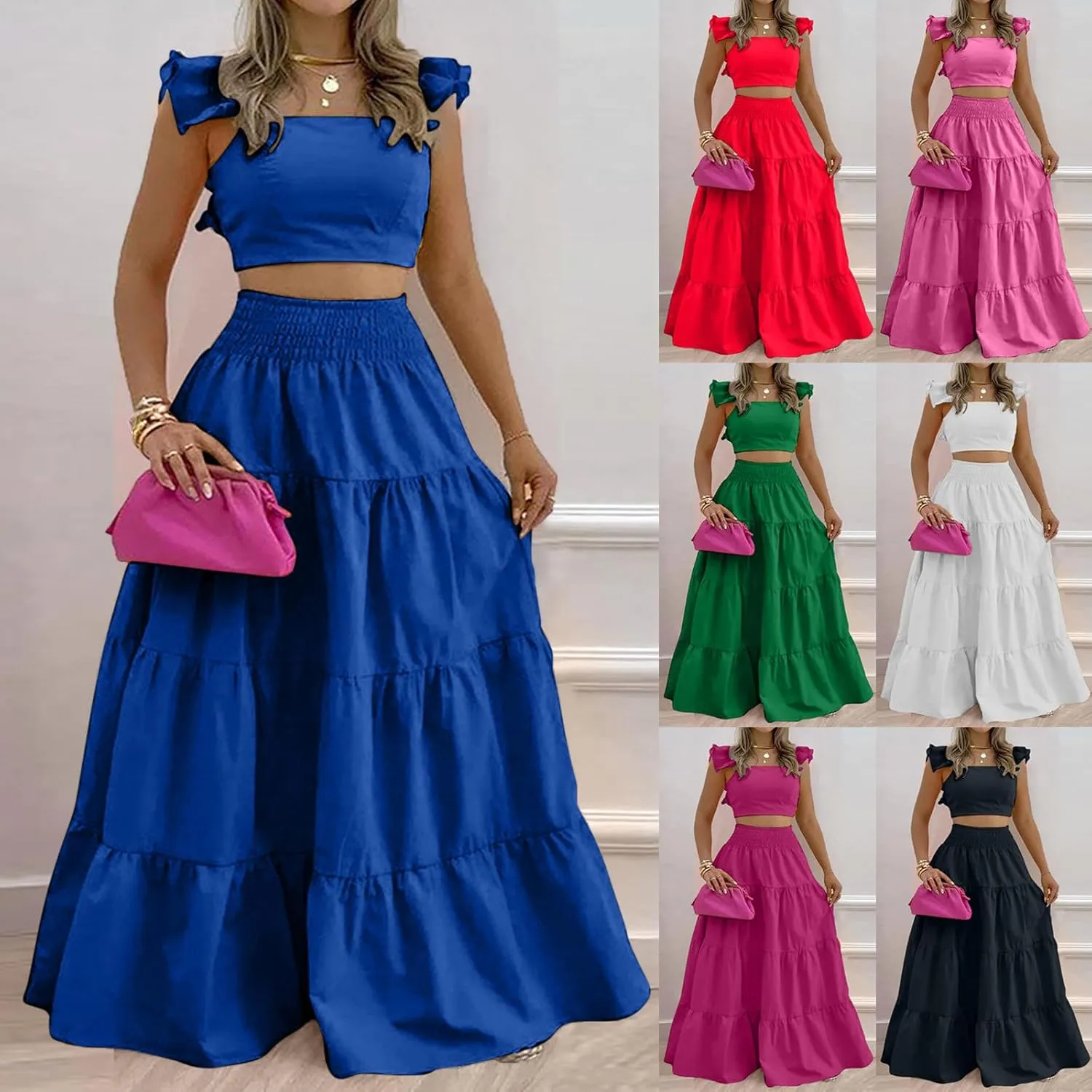 HGps8w Women's 2 Piece Outfits Ruffle Square Neck Crop Tank Top Matching Tiered Swing Maxi Skirt Vacation Dress Sets
