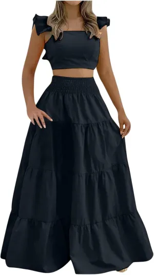 HGps8w Women's 2 Piece Outfits Ruffle Square Neck Crop Tank Top Matching Tiered Swing Maxi Skirt Vacation Dress Sets