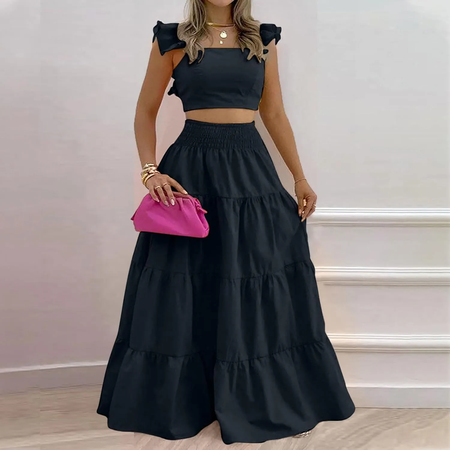 HGps8w Women's 2 Piece Outfits Ruffle Square Neck Crop Tank Top Matching Tiered Swing Maxi Skirt Vacation Dress Sets