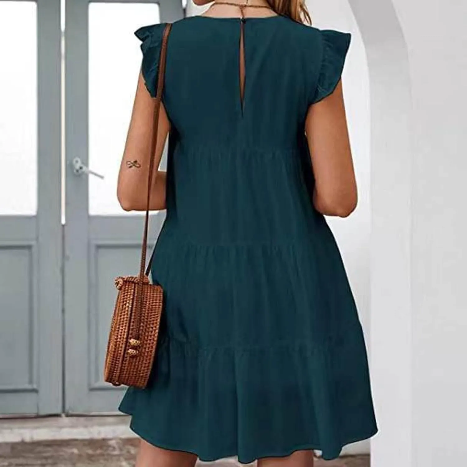 hlysgo Women Summer Dress Casual Loose Fit Ruffled Sleeveless Crew Neck Mini Dress Trendy Peplum Knee Length Beach Sundress