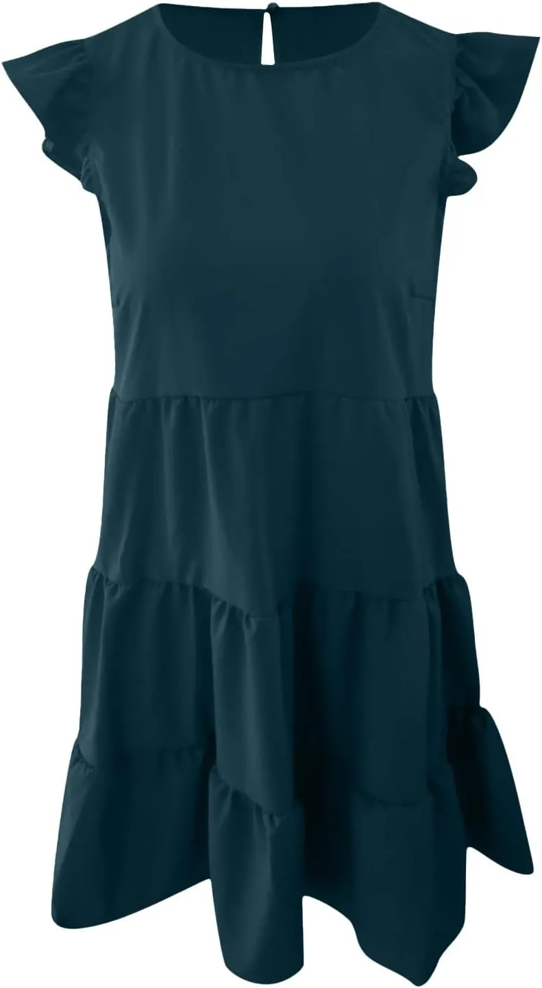 hlysgo Women Summer Dress Casual Loose Fit Ruffled Sleeveless Crew Neck Mini Dress Trendy Peplum Knee Length Beach Sundress