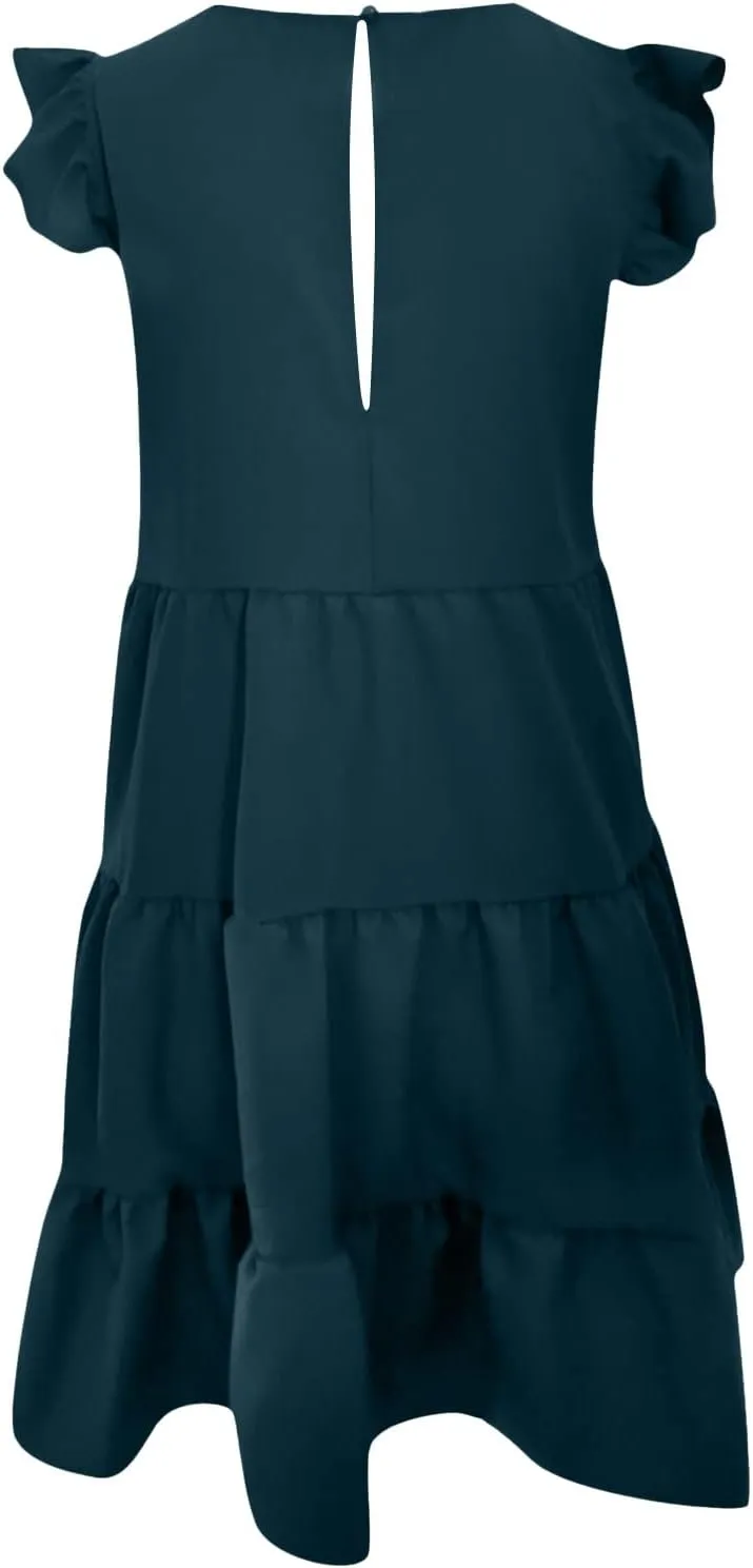 hlysgo Women Summer Dress Casual Loose Fit Ruffled Sleeveless Crew Neck Mini Dress Trendy Peplum Knee Length Beach Sundress