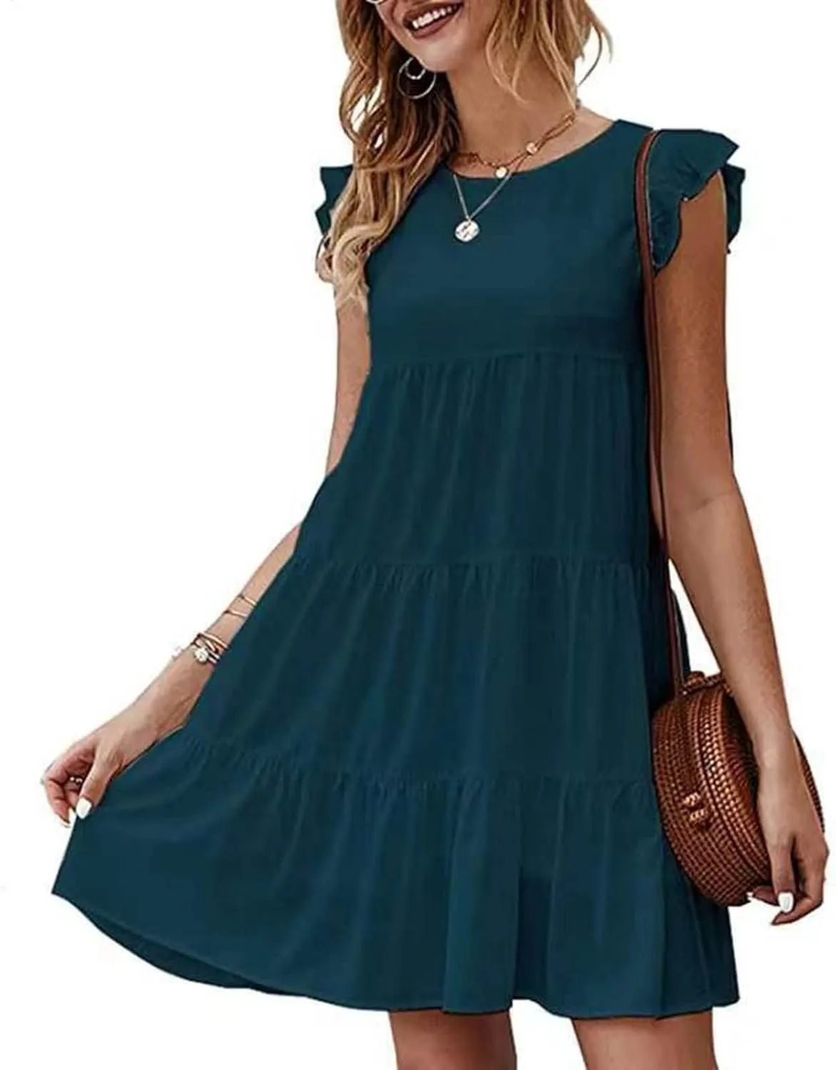 hlysgo Women Summer Dress Casual Loose Fit Ruffled Sleeveless Crew Neck Mini Dress Trendy Peplum Knee Length Beach Sundress