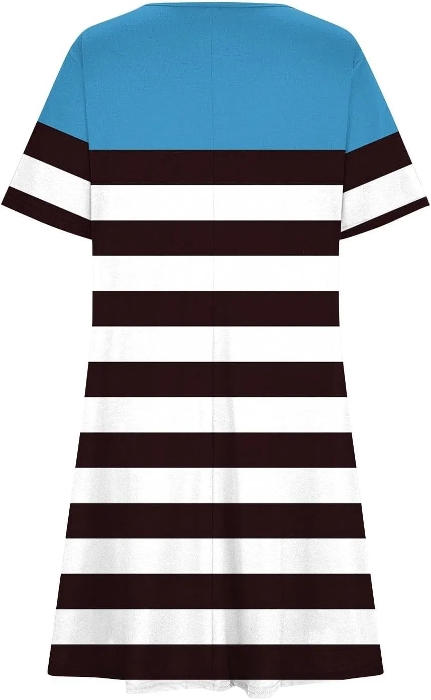 hlysgo Womens T-Shirt Dress Casual Loose Fit Stripes Going Out Dresses Summer Short Sleeve Crew Neck Mini Dress for Ladies