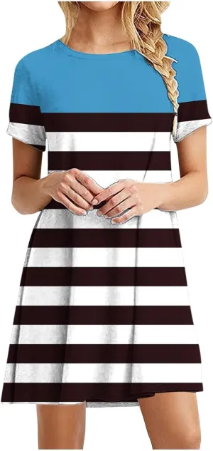 hlysgo Womens T-Shirt Dress Casual Loose Fit Stripes Going Out Dresses Summer Short Sleeve Crew Neck Mini Dress for Ladies