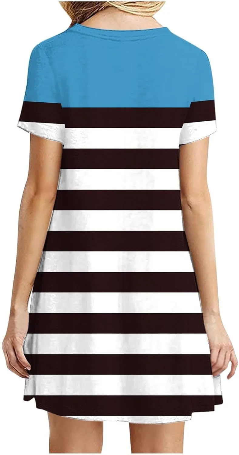 hlysgo Womens T-Shirt Dress Casual Loose Fit Stripes Going Out Dresses Summer Short Sleeve Crew Neck Mini Dress for Ladies