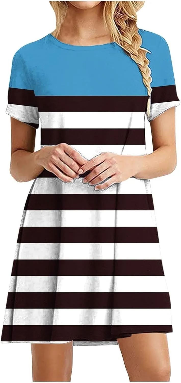 hlysgo Womens T-Shirt Dress Casual Loose Fit Stripes Going Out Dresses Summer Short Sleeve Crew Neck Mini Dress for Ladies