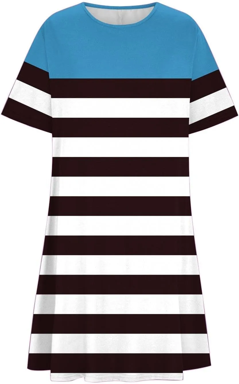 hlysgo Womens T-Shirt Dress Casual Loose Fit Stripes Going Out Dresses Summer Short Sleeve Crew Neck Mini Dress for Ladies
