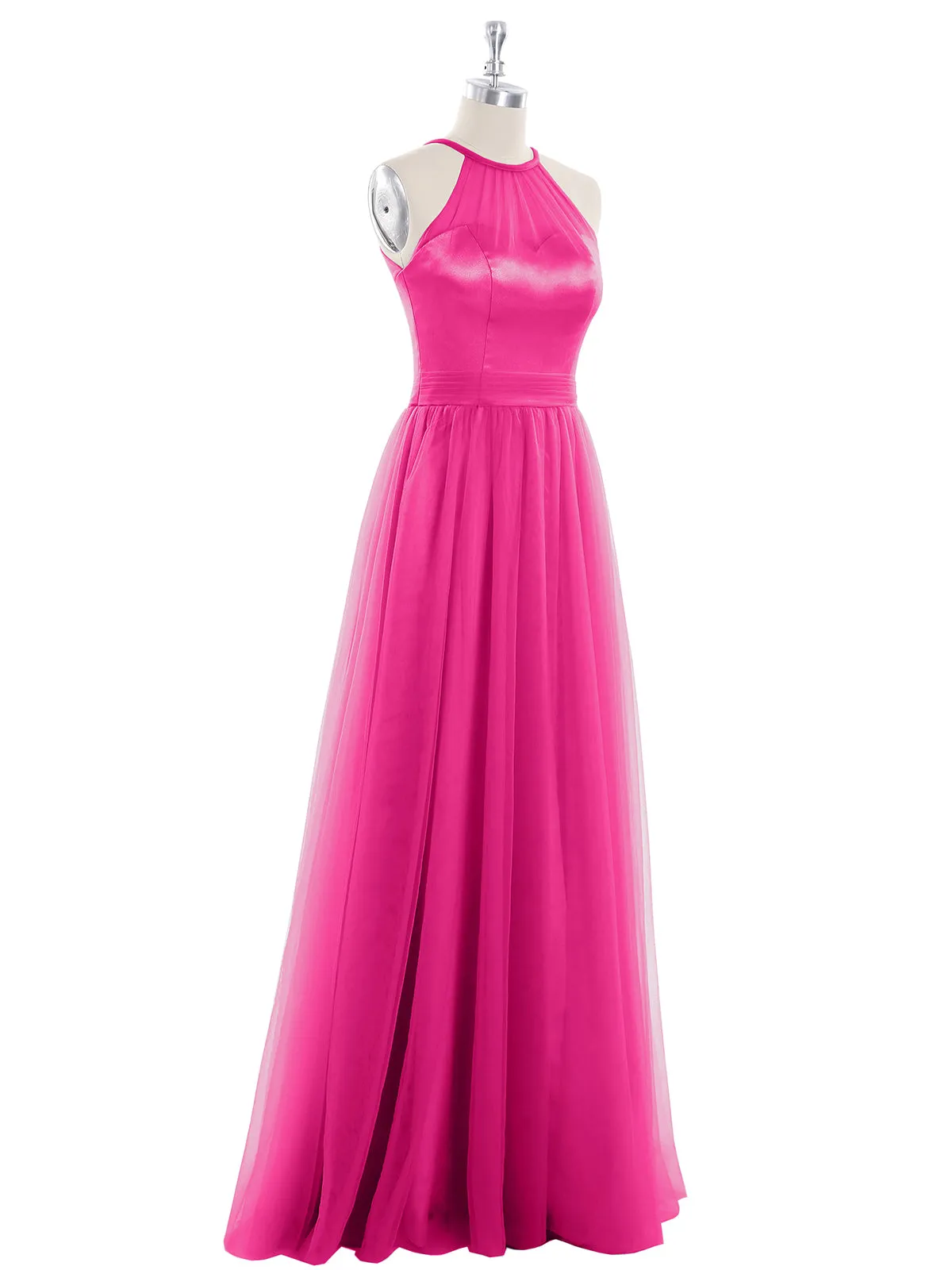 Illusion Neckline Long Tulle Dress-Fuchsia