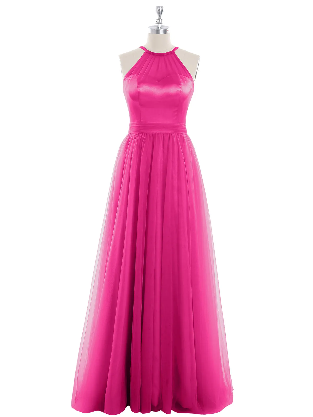 Illusion Neckline Long Tulle Dress-Fuchsia