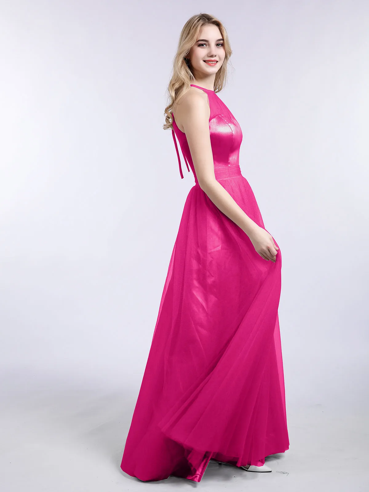 Illusion Neckline Long Tulle Dress-Fuchsia