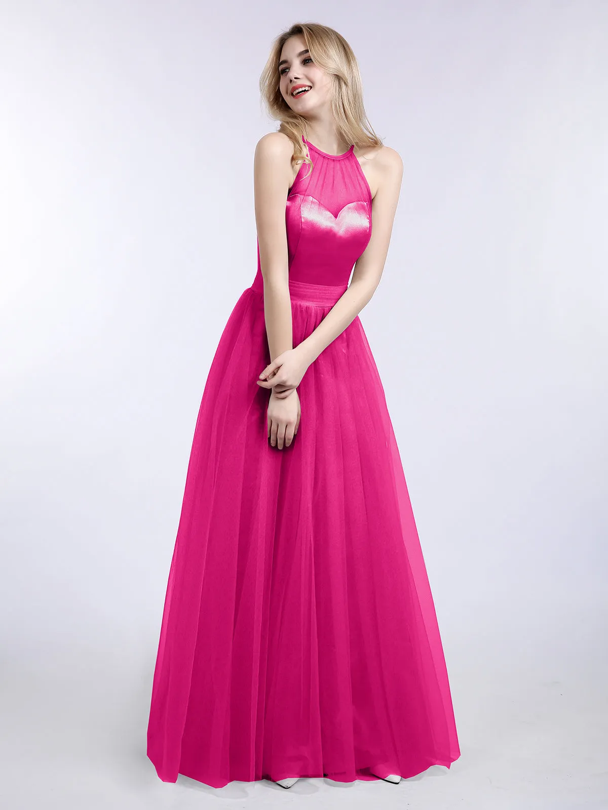 Illusion Neckline Long Tulle Dress-Fuchsia