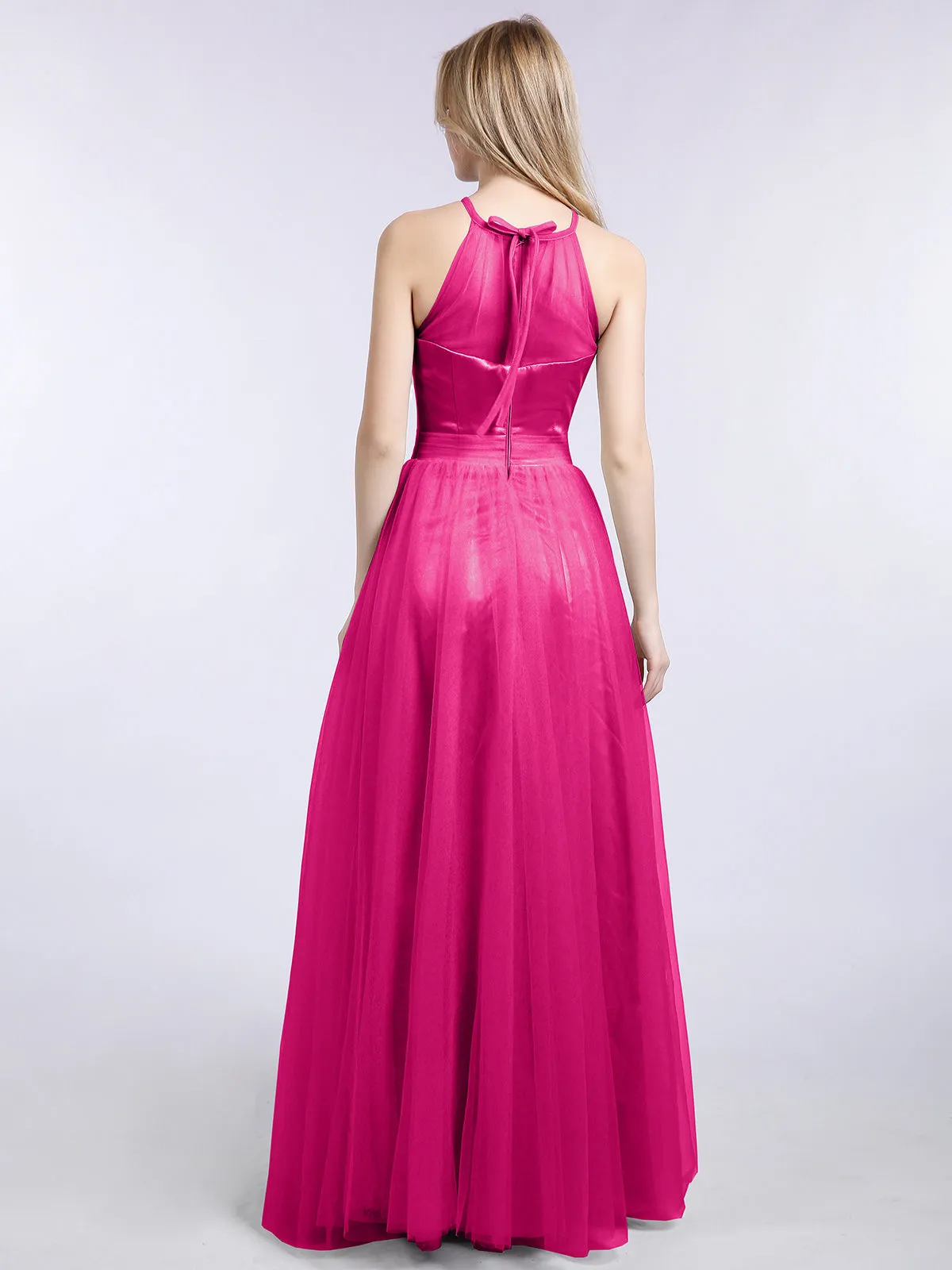 Illusion Neckline Long Tulle Dress-Fuchsia