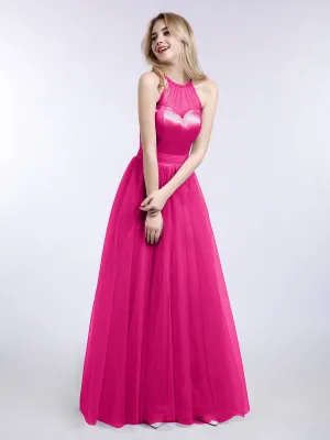 Illusion Neckline Long Tulle Dress-Fuchsia