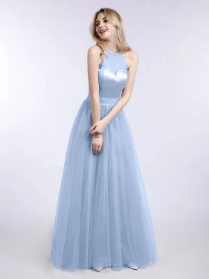 Illusion Neckline Long Tulle Dress-Sky Blue