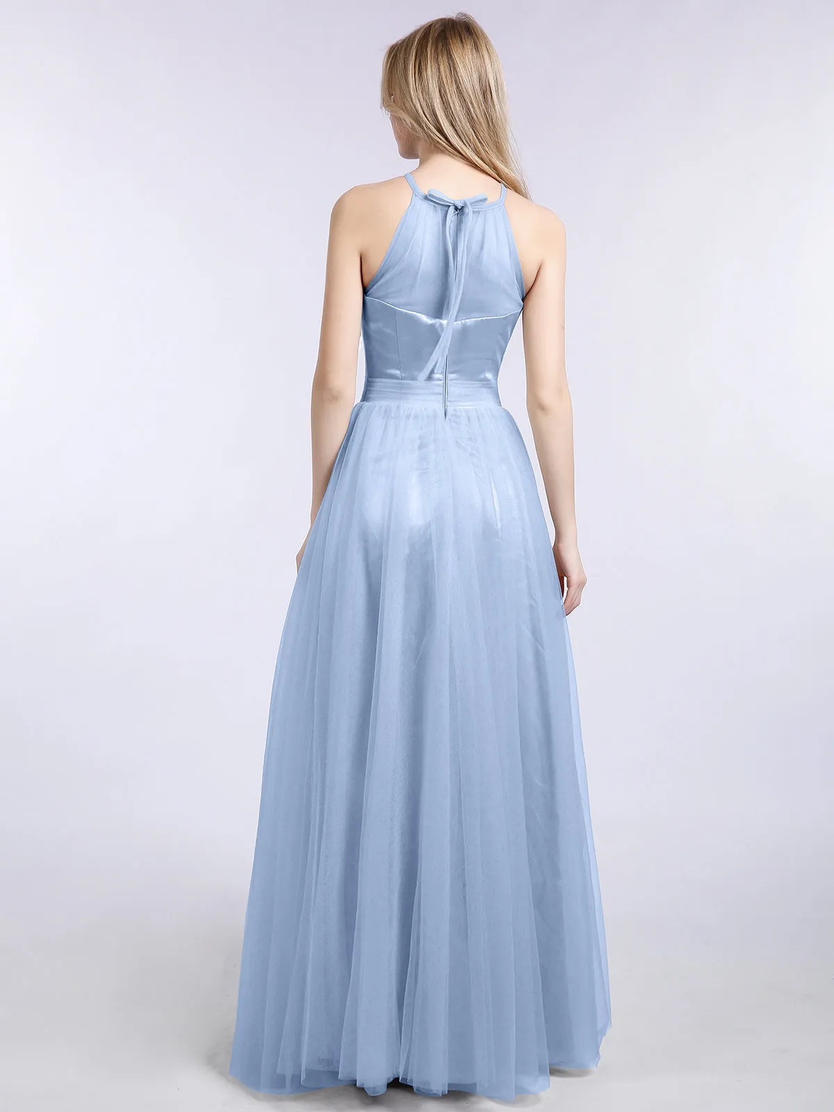 Illusion Neckline Long Tulle Dress-Sky Blue