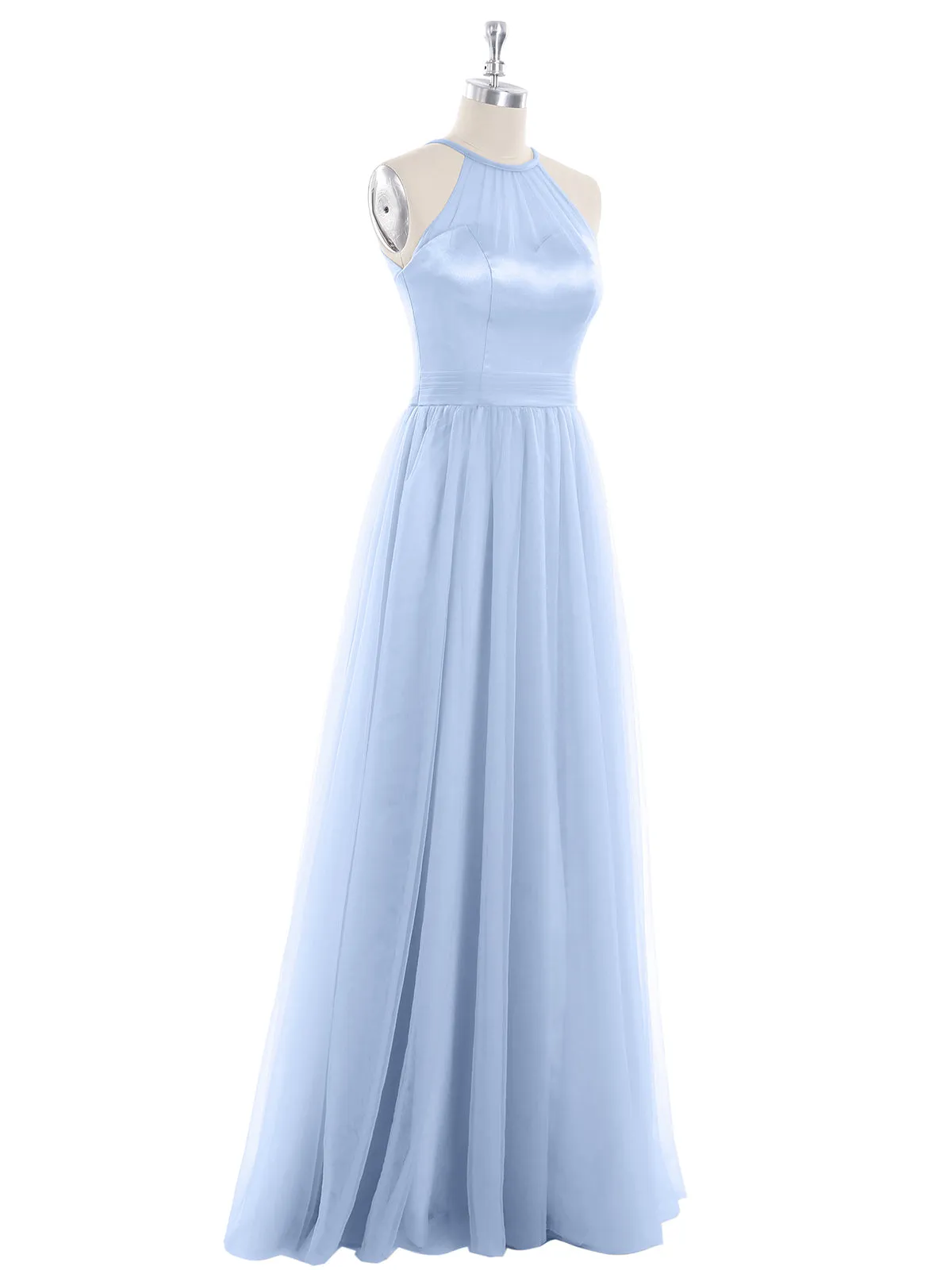 Illusion Neckline Long Tulle Dress-Sky Blue