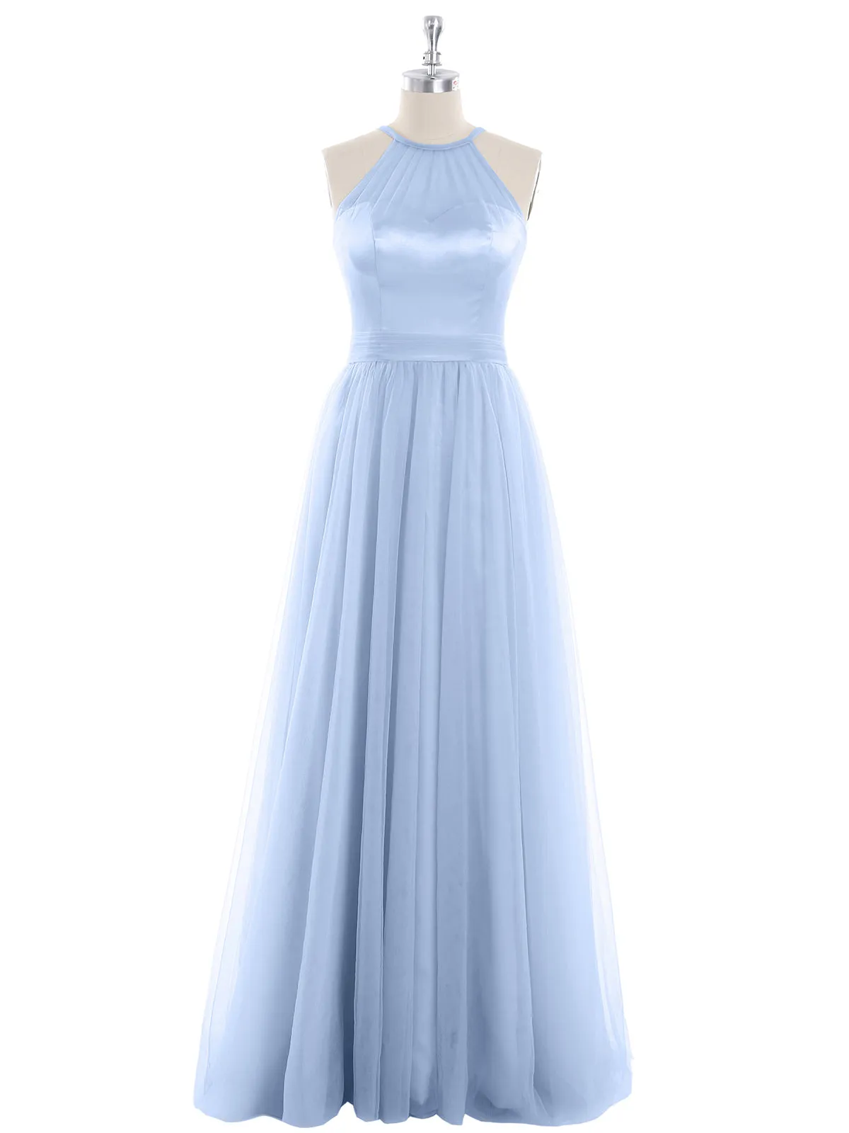 Illusion Neckline Long Tulle Dress-Sky Blue